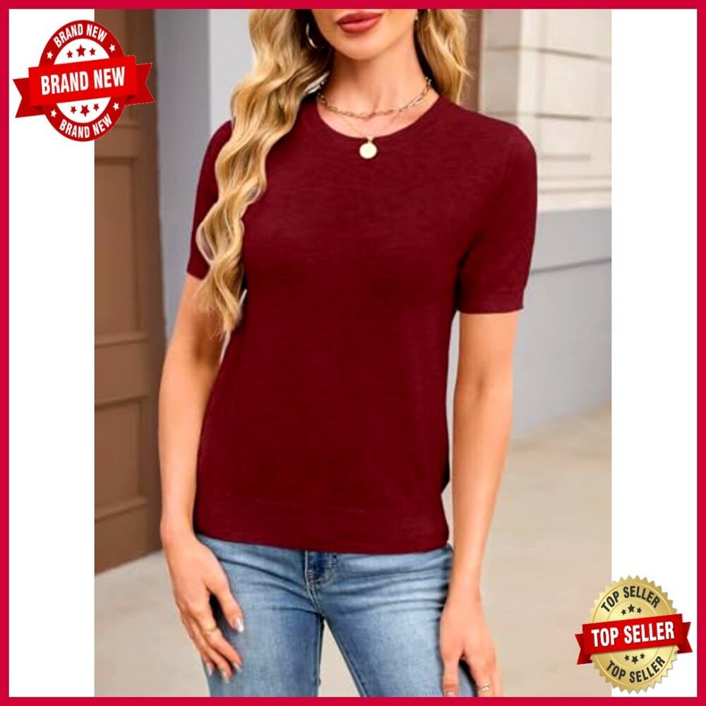 Short Sleeve Wool Blend Sweater Slim Fit Crew Neck Business Casual Top - Picture 5 of 7